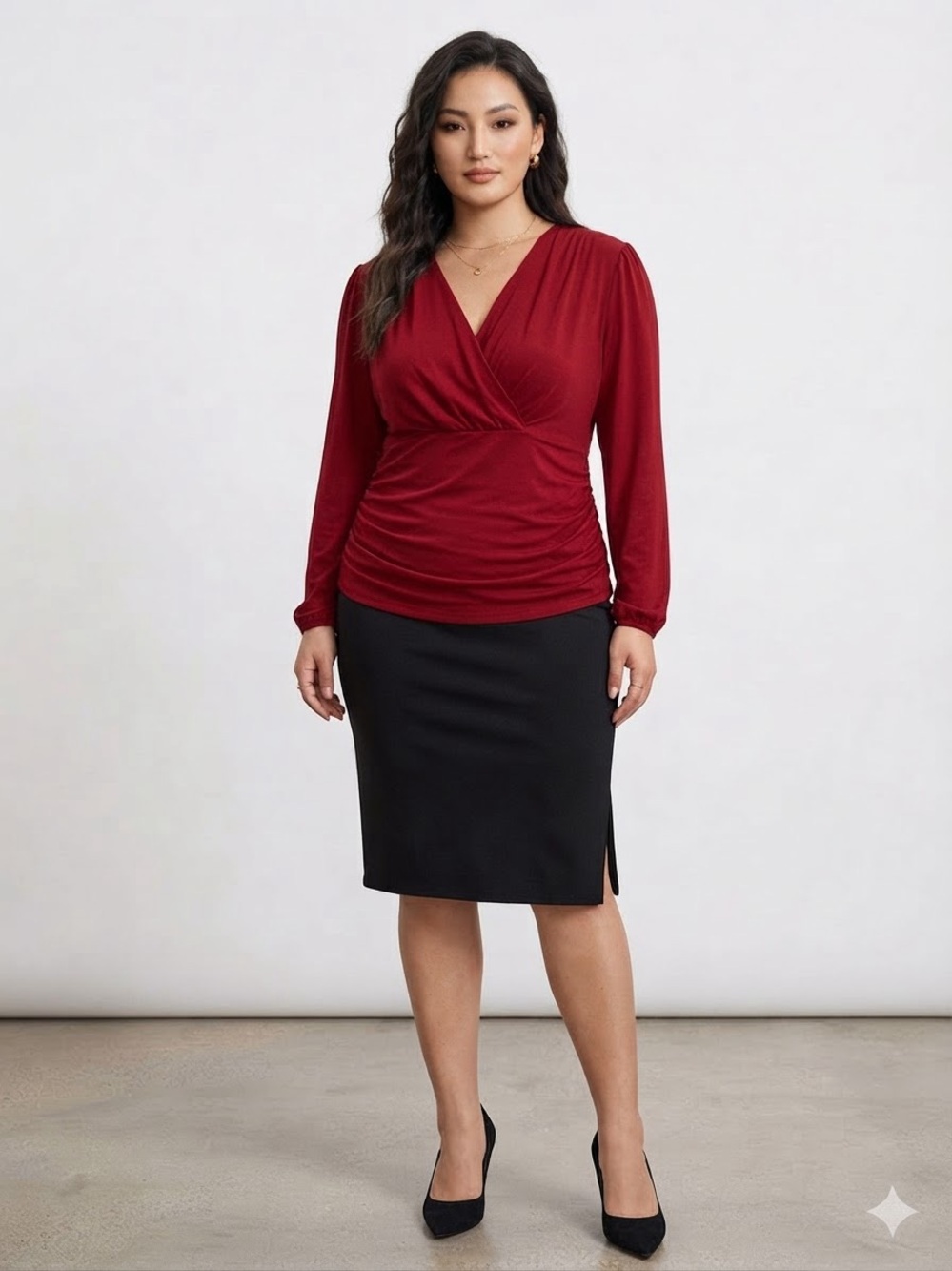Deep Red Faux Wrap Blouse with Ruching • Size 2X • NWT